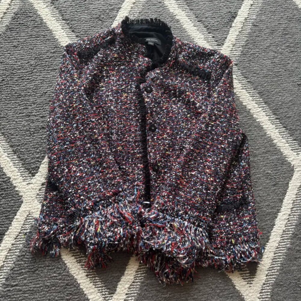 Ann Taylor Fiesta Tweed Fringe Jacket Red Blue Multi Color Size Large